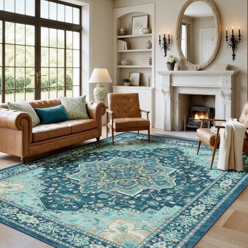 AMADA HOMEFURNISHING 5x7 Area Rug for Living Room, Vintage Washable Area Rug Low-Pile & Non-Slip Carpet for Bedroom Dining Room Nursery Home Office, Teal Blue by AMADAHOMEFURNISHING