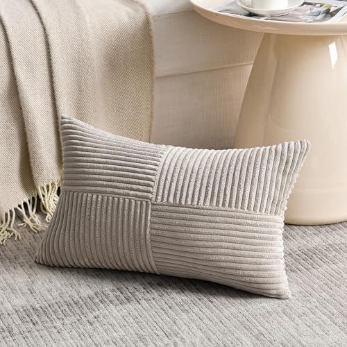Fancy Homi 2 Packs Neutral Taupe Lumbar Decorative Throw Pillow Covers 16x26 Inch for Living Room Couch Bed Sofa, Farmhouse Home Decor, Soft Striped Corduroy Rectangle Accent Cushion Case 65x40 cm - Image 2