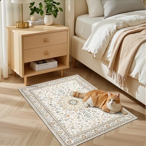 2x3 Area Rugs Living Room: Washable Vintage Rug for Bedroom Beige - Image 3