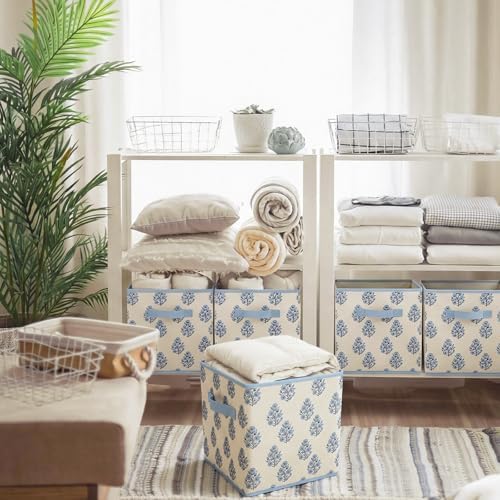 Bokon 6 Pcs 11'' Blue Block Print Storage Cubes Floral Cube Storage Bins - Image 2