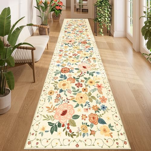 DUKINO 2.6x12 Kitchen Runner Rug, Floral Non Slip Washable Rug Beige Yellow by DUKINO
