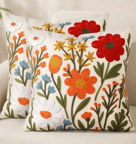 Embroidered Throw Pillow Covers 18x18 Inch, 2Pack, Flower Cluster by Kokaaee