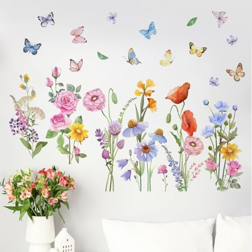 Yovkky Watercolor Wildflower Wall Decals Stickers, Rose Poppy Flowers | Butterfly Home Girls Bedroom Decor, Spring Summer Floral Living Room Kitchen Decorations Art by Yovkky