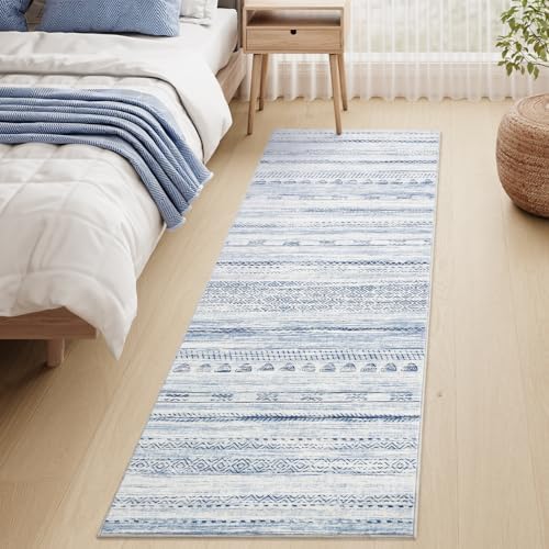 2x6 Runner Rug Machine Washable Non Slip Area Rug Distressed Neutral Moroccan Boho Rug Ultra Soft Floor Runners for Hallways for Entryway Laundry Room Kitchen, Blue - Image 3