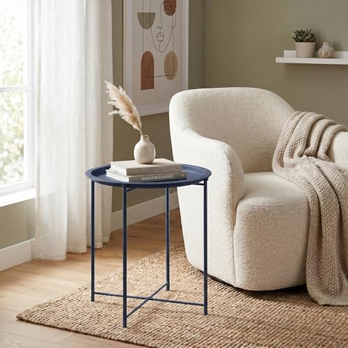VECELO Side/End Table, Folding Round Metal Anti-Rust and Waterproof Outdoor or Indoor Tray for Living Room Bedroom Balcony and Office, 1 PCS, Blue - Image 2