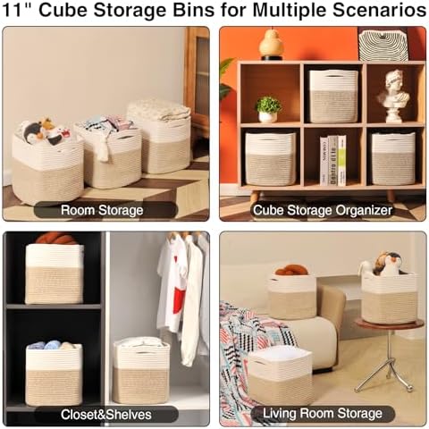 11 Inch Cube Storage Bins, 11x11 Organization Bins for Cube Organizer, Square Cloth Storage Cubes, Woven Storage Baskets for Shelves, Toy Baskets Storage Kids, Off White & Brown (Pack of 3) - Image 5