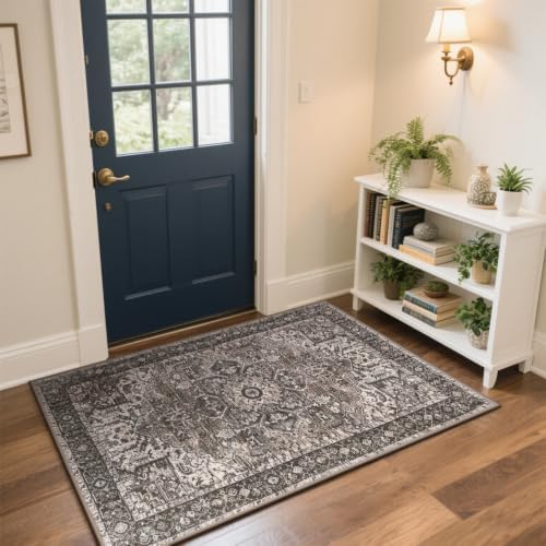 Hanples 2x3 Washable Rugs for Entryway, Vintage Floral Door Mat, Brown - Image 3