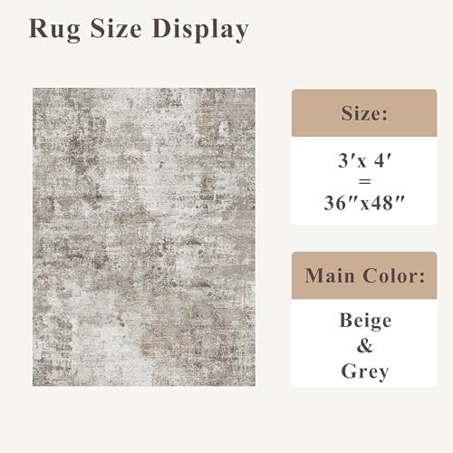 3x4 Washable Entryway Area Rug - Non-Slip Modern Small Indoor Mat for Bathroom,Living Room,Bedroom - Abstract Neutral Soft Low-Pile Throw Carpet with Rubber Backing (Beige Grey) - Image 2