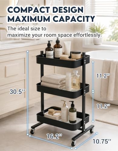 ZOES HOMEWARE 3 Tier Metal Rolling Cart by T-Frame Design on Wheels,Black - Image 6