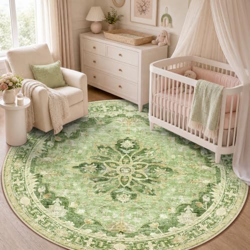 RELEANY Washable Area Rug, Round 5ft, Green/Yellow by RELEANY