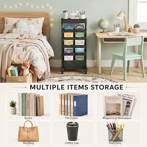BYFU 6-Tier Rolling Bookshelf Cart, Black - Image 4