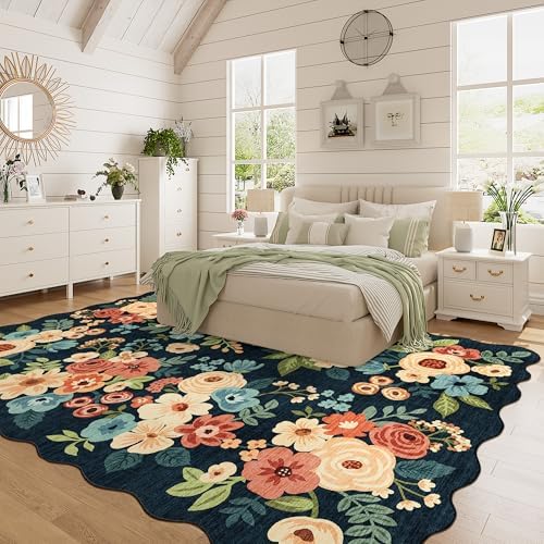 DUKINO 6x9 Area Rugs, Floral Washable Living Room Rug Non Slip, Navy Blue - Image 3
