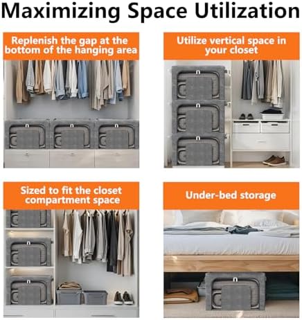 64L Large Stackable Storage Bins with Metal Frame (4 Pack), Foldable Fabric Clothes Organizer with 2 Clear Windows & Reinforced Handles, Dual-Opening Storage Containers for Closet, Underbed, Grey - Image 6