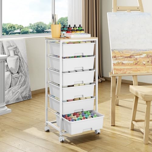 6 Drawer Rolling Storage Cart with Wooden Top and Wheels for Crafts,White - Image 2