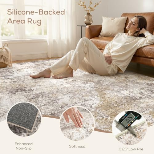 Nakagishi 10X14 Area Rugs for Living Room: Washable Modern Abstract Rug with Non-Slip Silicone Backing Low Pile Soft Carpet for Bedroom & Dining Decor Ideal for Families with Kids and Pets-Brown - Image 2