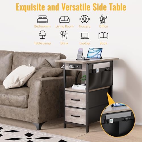 Yenlure Small Side Table with Charging Station, Narrow Nightstand Bedside Tables with Storage Pocket for Living Room Bedroom, Sofa End Table with USB Ports and Power Outlets for Small Spaces, Greige - Image 5