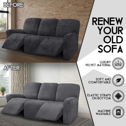 ULTICOR Velvet 8-Pieces Recliner Sofa Covers Stretch Reclining Couch Covers for 3 Cushion Reclining Sofa Slipcovers Furniture Covers Thick Soft Washable (3 Seater Recliner Cover, Dark Gray) - Image 5