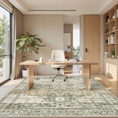 Soalmost 5x7 Area Rug Low Pile Washable Trendy Faded Style Rug, Olive Beige - Image 3