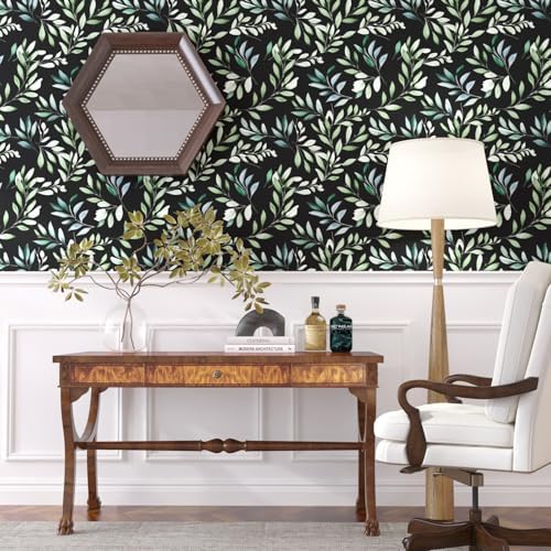Danodoi Black Green Vintage Leaves Peel and Stick Wallpaper 17.5" x 393" | Waterproof Vinyl Self Adhesive Removable Renter Friendly Floral Contact Paper - Image 3