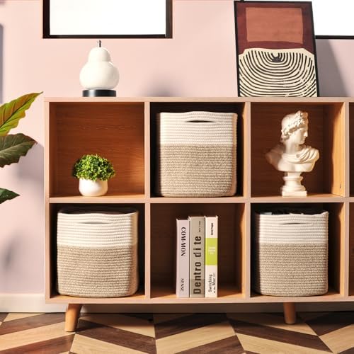 ICERZCZ 11 Inch Cube Storage Bins, Organizer Woven Cotton Rope Square Baskets for Organizing Shelves, Toys, Nursery, Off White & Brown (Pack of 3) - Image 2