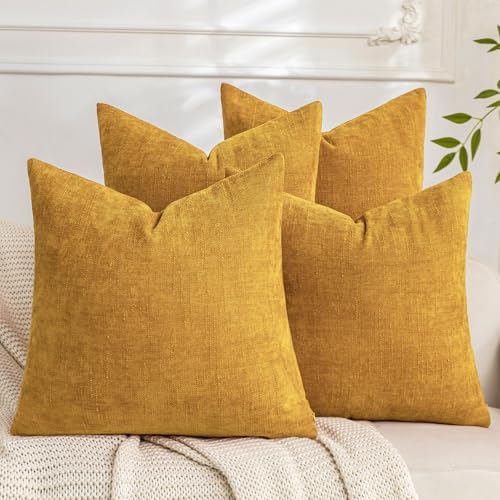 Set of 4 Soft Textured Decorative Throw Pillow Covers 18x18 Inch Cozy Farmhouse Cushion Cover Square Accent Pillow Cases for Bed Couch Sofa Living Room, Mustard Yellow by Cozoomy