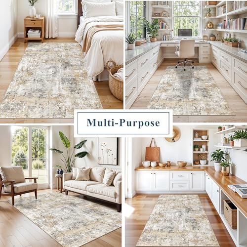 4x6 Washable Entryway Rug – Non-Slip Low-Pile Small Area Rug for Kitchen Bedroom Living Room Office – Modern Abstract Neutral Throw Carpet with Rubber Backing (Gold Grey) - Image 4