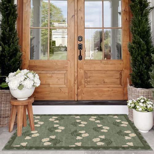 Floral Outdoor Rug - 28" x 43" Front Door Mat Indoor Outside Entrance Non-Slip Washable Outdoor Mat Sage Green Spring Scalloped Rug for Entryway Kitchen Bedroom Layered Doormat for Front Porch - Image 4