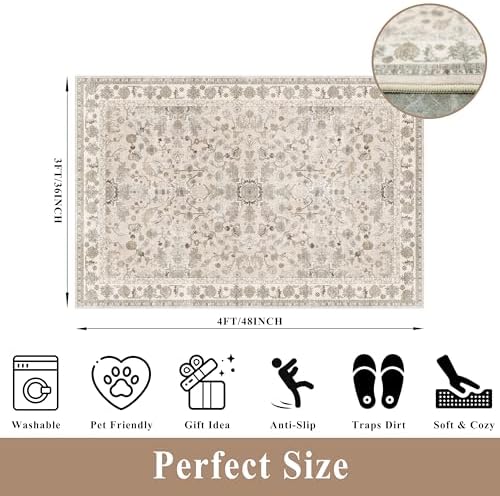 3x4 Entryway Rug Washable Non-Slip–Boho Floral Stain-Resistant Small Area Rug for Kitchen Bedroom Bathroom – Soft Low-Pile Thin Indoor Door Mat (Beige,3x4) - Image 2