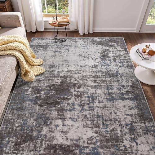 Modern Abstract 3x5 Rug, Non Slip Entryway Rug, Soft Machine Washable Rugs for Indoor Entry, Low Pile Stain Resistant Distressed Rug for Living Room, Bedroom, Dark Grey Blue by Enqinar