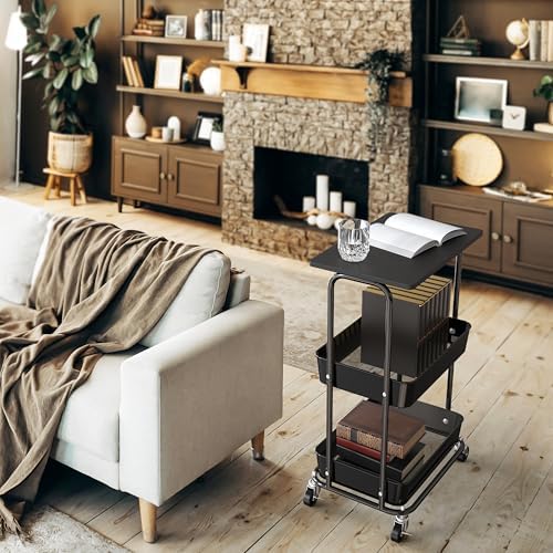 Simple Houseware 2-Tier Rolling Utility Cart Wood Top/Lockable Wheel, Black - Image 5