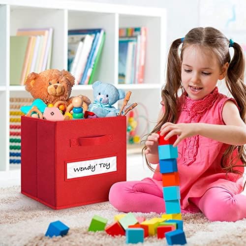 13x13x13 storage cube bins(Set of 8) Fabric storage cubes with 8 Labels Window Cards & a Pen, storage cubes 13x13, Collapsible 13 inch cube storage bins, Cubby Organizer Boxes, Red - Image 5