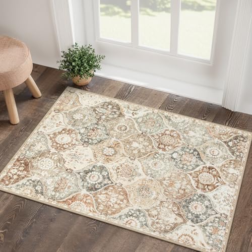 Lahome Moroccan Trellis Entryway Rug, 2x3 Kitchen Rugs Non Slip Washable, Non-Slip Indoor Door Mat Ultra-Thin, Small Throw Carpet for Bathroom Bedroom Entry Elise, Khaki by Lahome