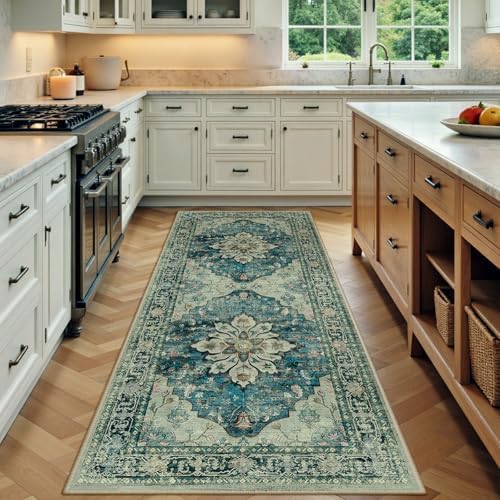 RELEANY Washable Area Rug, Runner 3'x6', Blue/Vintage Dark Blue by RELEANY
