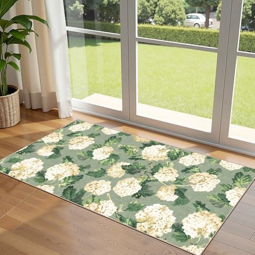 Front Door Mat Indoor Entrance - 2x4.3 Sage Green Beige Floral Rug by Othilic