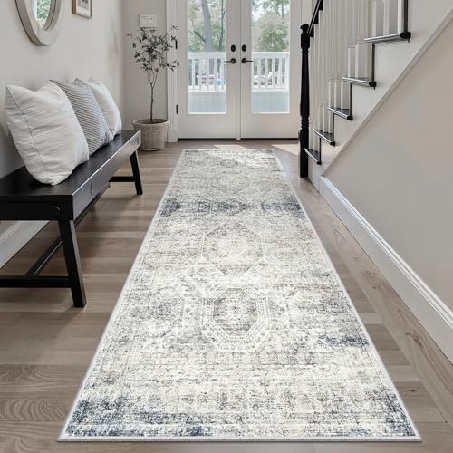 Soalmost Washable Runner Rug 2'6"x8' Kitchen Hallway Runners Blue/Ivory by Soalmost