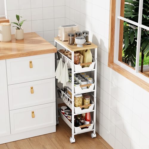 5-Tier Slim Storage Cart, Wooden Top Rolling Kitchen Cart with Pull-Out Baskets & Wheels, Narrow Space Utility Cart Slide Out Organizer for Kitchen, Bathroom, Laundry Room, White - Image 2