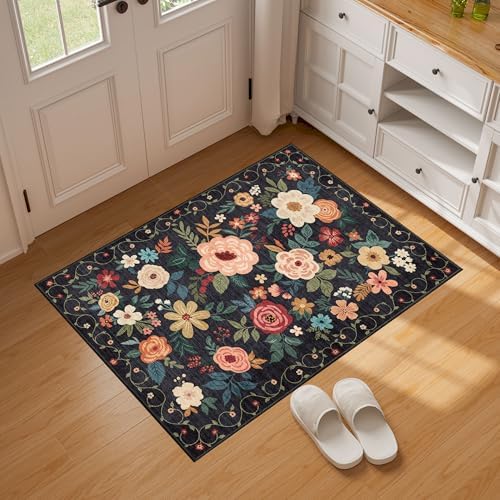 DUKINO 2x3 Door Mat Indoor Entrance, Floral Washable Rug Non Slip, Black - Image 4