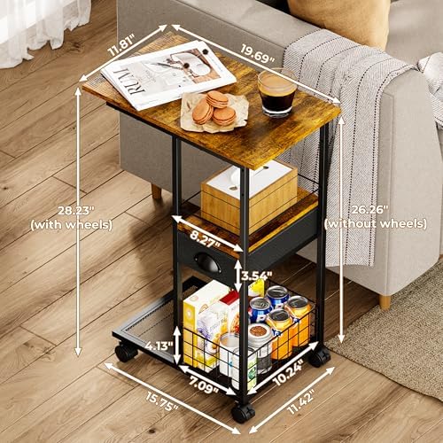 C Shaped Sofa Side Table with Wheels, Rolling Small Coffee Table with Drawer, Portable TV Tray Table for Couch, Bedside Table with Storage, Narrow Nightstand for Bedroom, End Tables Living Room - Image 3