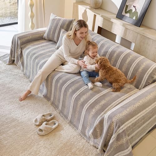 Couch Cover for Dogs Washable Sofa Cover, Sectional Couch Covers, Sofa Covers for 2 Cushion Couch, Non Slip Stripe Sofa Slipcovers Furniture Protector (Light Grey, 71 * 118) - Image 3