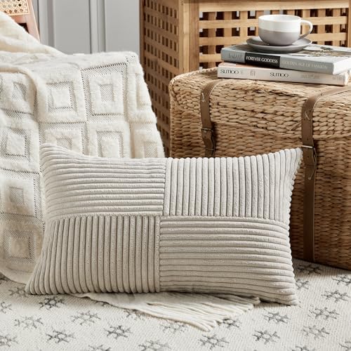 Fancy Homi 2 Packs Neutral Taupe Lumbar Decorative Throw Pillow Covers 14x24 Inch for Living Room Couch Bed Sofa, Farmhouse Home Decor, Soft Striped Corduroy Rectangle Accent Cushion Case 35x60 cm - Image 2