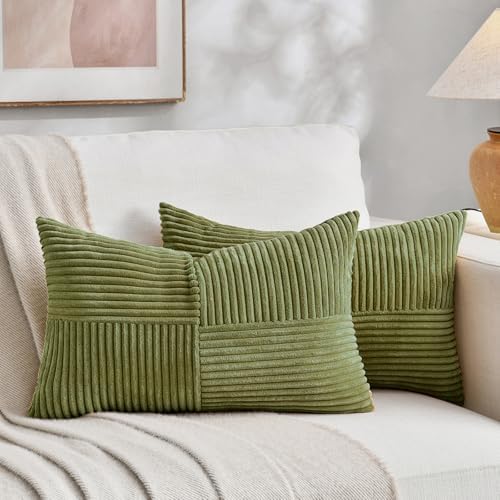 Fancy Homi 2 Packs Moss Green Lumbar Decorative Throw Pillow Covers 12x20 Inch for Living Room Couch Bed, Rustic Farmhouse Boho Home Decor, Soft Striped Corduroy Rectangle Accent Cushion Case 30x50 cm by Fancy+Homi