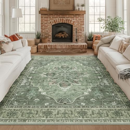 RELEANY Washable Area Rug, Square 8'x8', Green/Dark Green/Gray by RELEANY