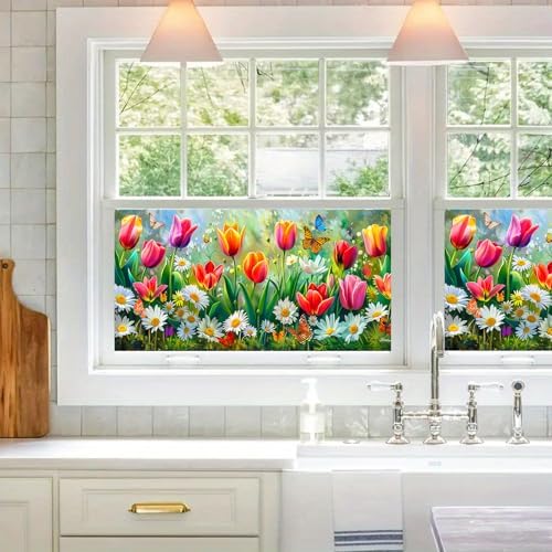 BlissYard Rainbow Flower Tulips Daisies Window Cling 39.3x17.7 Inch PVC - Image 3
