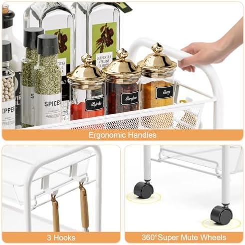 TOOLF 4 Tier Rolling Cart, Metal Utility Storage Cart with Wheels, White | 3 Hooks, Screwless Assembly, Trolley Organizer for Bathroom, Kitchen, Office, Nursery, Dorm, Laundry Room - Image 5