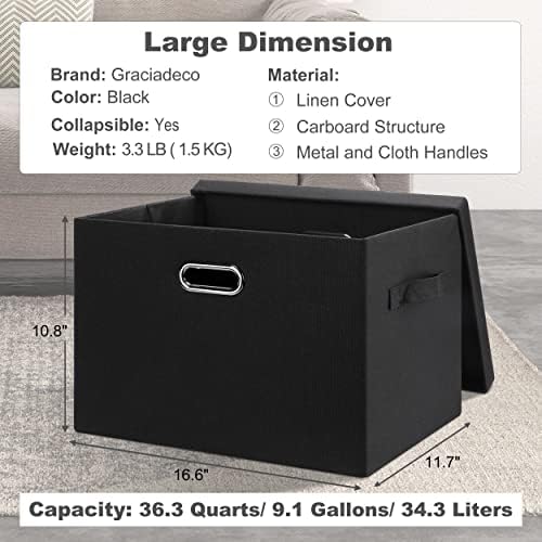 Graciadeco Large 17" 36 Quart Collapsible Stackable Storage Bins with Lids, 3 Packs Black Linen Fabric Closet Boxes with Lids, Storage Cube Baskets Container Organizers for Bedroom Office(17 x12 x11) - Image 2