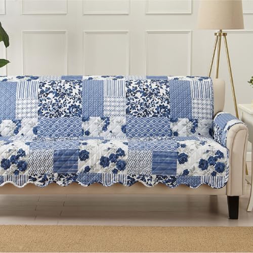Great Bay Home Reversible Patchwork Sofa Cover - Washable Slipcover Furniture Protector with Elastic Straps - Perfect for Kids & Pets - Box-Stitched Detail (Navy) by GreatBayHome