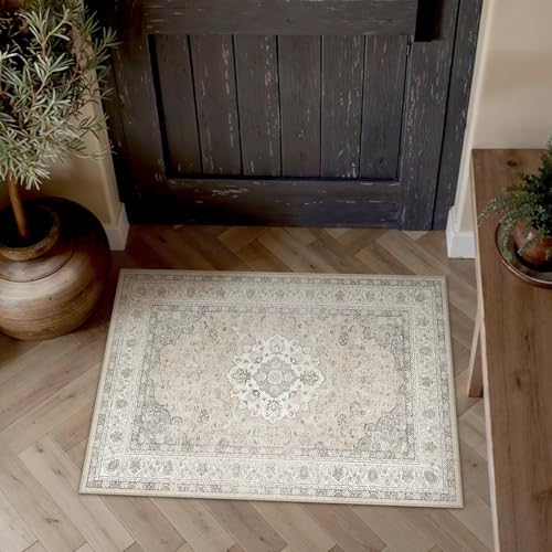 2x3 Washable Area Rug Beige Brown Non Slip Vintage Carpet - Image 3
