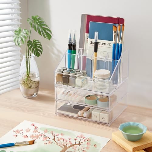 STORi Stackable Desk and Drawer Organizer, Clear Pen Pencil Makeup Brush Holder for Desktops and Vanities, 6 Compartment Caddy with 2 Wide Drawers (Made in USA) - Image 3