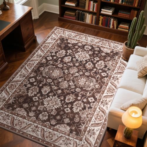 Hanples 4x6 Area Rugs for Living Room, Washable Rug Vintage Floral, Rust by Hanples