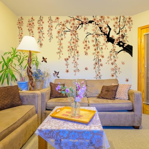 Cherry Blossom Tree Wall Decals with Birds, Large Removable Peel and Stick Flower Wall Stickers for Girls Room, Bedroom, Living Room Decor, 61.81 x 50.39 Inch, 4 Sheets (Apricot) - Image 6